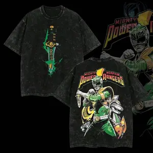 Retro Washed Black Oversized T-Shirt, Double-Sided Green & Gold Armored Warrior & Sword Graphic Print Tee, Casual Crew Neck Short Sleeve Top, Streetwear Unisex Loose Fit T-Shirt for Men & Women, 90s Nostalgic Aesthetic