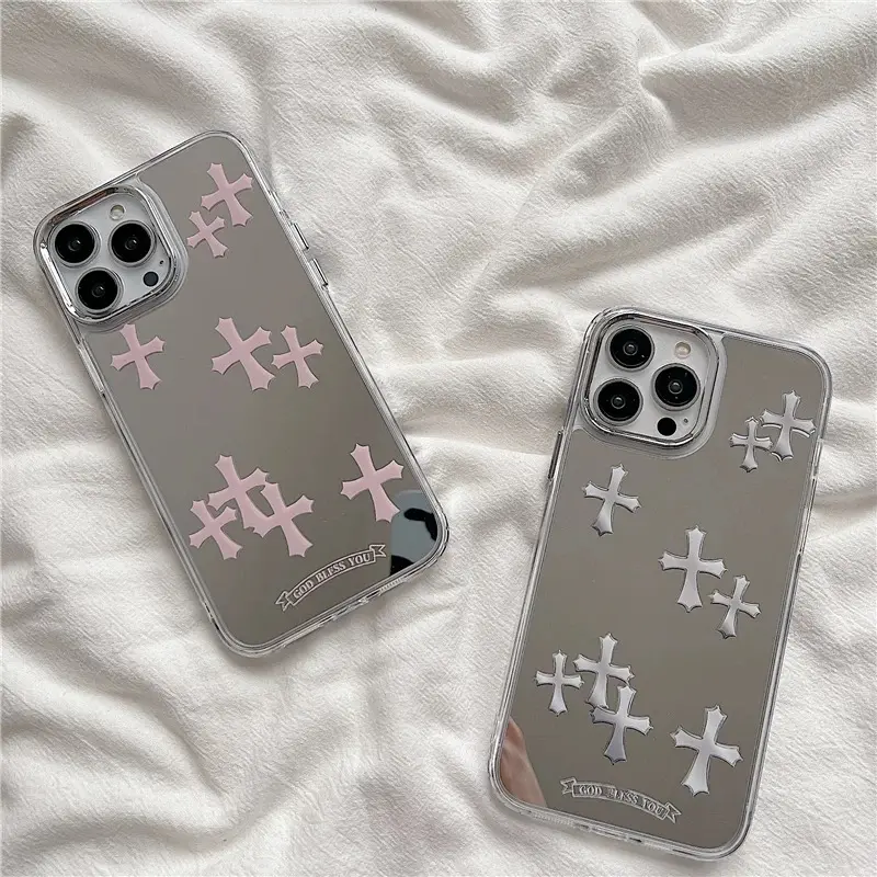 Premium Pink Cross Pattern Mirror Phone Case for iPhone 16/15/14/13/12/11/Plus/Pro/Pro Max Shockproof and durable, stylish design, luxurious premium protective case
