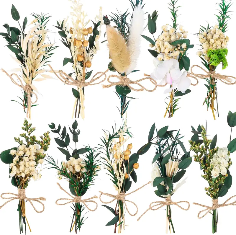 10 Pack Green Dried Flower Bouquets with Eucalyptus Stems for Vase, DIY, Farmhouse Decor, Wedding Crafts, and Home Party
