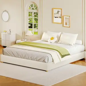 Garvee King Size Cloud Bed Frame，Teddy Fleece Low Bed Frame Without Headboard, Thick Boucle Fabric Upholstered Platform Bed, Solid Wood Legs, No Box Spring Needed, Never Squeak, Easy Assembly, Cream