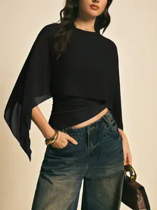 Women's Fashion Elegant Solid Color Shawl Waist Cinching Top, Stylish Pure Color Blouse for Casual and Formal Wear