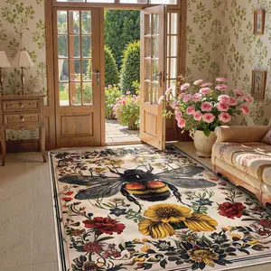 Vintage Floral Bee Carpet for Living Room and Bedroom, Pet-Friendly Non-Slip Mat, Soft Plush Washable and Foldable Rug