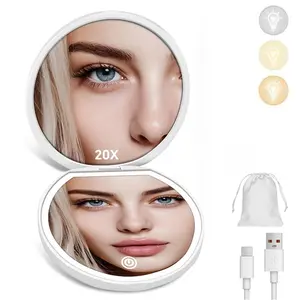 Compact Mirror with Light, Rechargeable 20X Magnifying Mirror with 3 Lighting Modes & Dimmable Brightness, Portable Travel Makeup Mirror, Essentials for Travel, Pocket, Purse Gifts