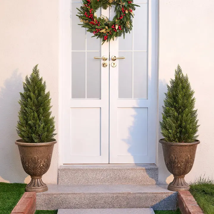 DR.Planzen 2 Pack 3/4/5FT Artificial Cedar Topiary Tree with Real Wood Trunk, UV Resistant Faux Cedar Plant, Lifelike Potted Fake Tree for Indoor Outdoor Home, Porch & Office Decor