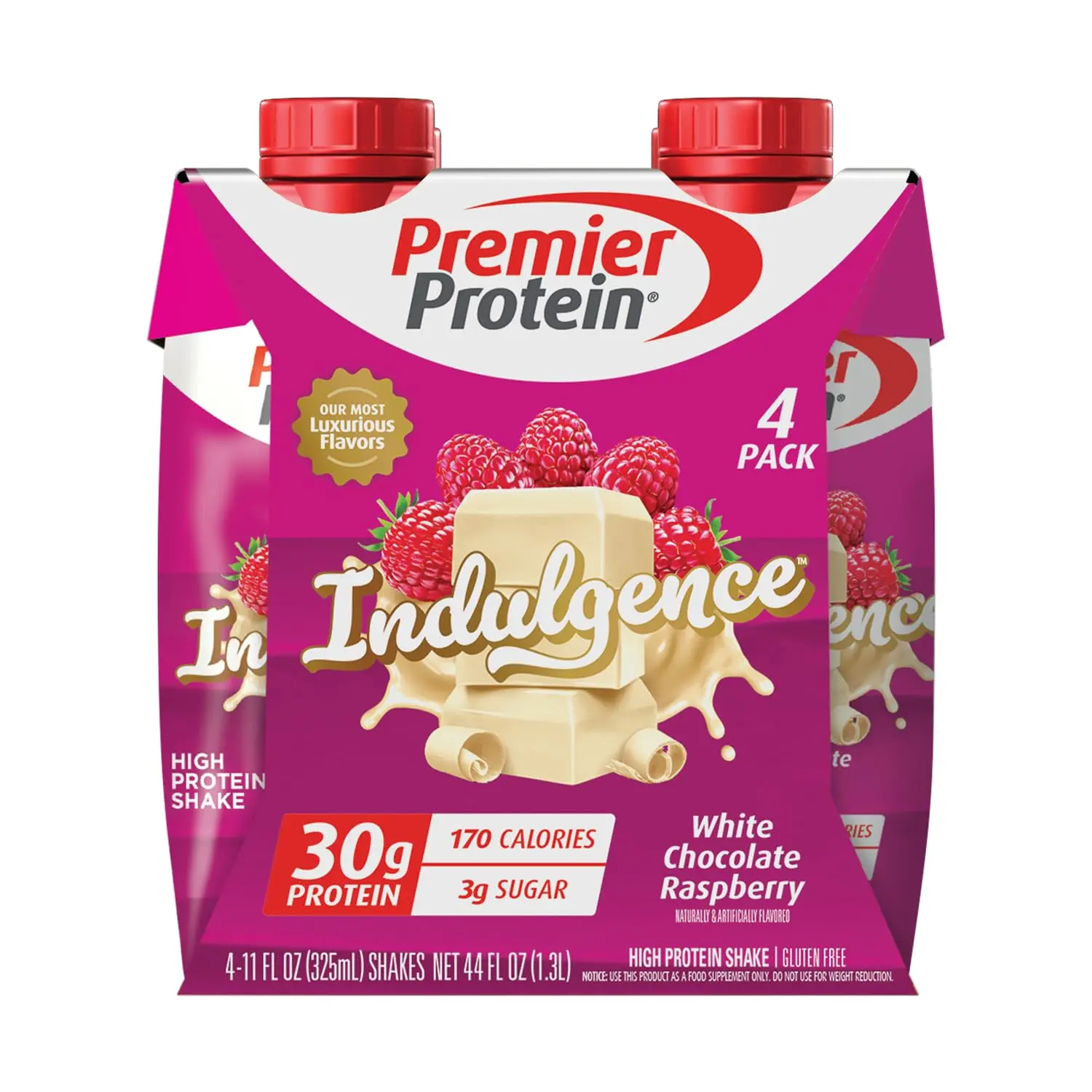 Premier Protein INDULGENCE 30g Shake, White Chocolate Raspberry, 4 Pack | Dessert-Inspired, 170 Calories, 3g Sugar, Supports Muscle Health, Gluten-Free, 11 oz (Packaging May Vary)