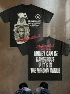 Men's Loose Fit Fashion Print T-Shirt, Fun Dollar Bill Pattern, Casual Daily Wear, Unisex, Young College Street Style