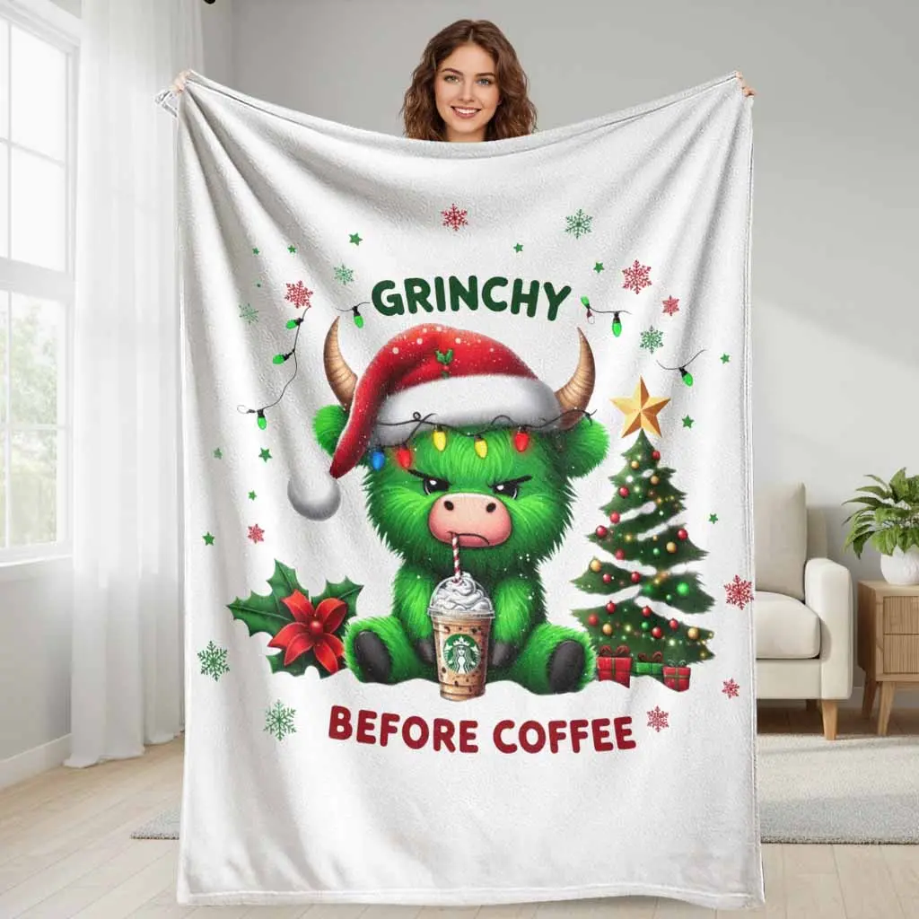 Grinchy Green Highland Cow Flannel Blanket Festive Christmas Coffee Theme Ultra Soft Plush Fleece Throw Warm Lightweight Cozy Bedding Decor for Living Room Couch Sofa Holiday Season Home Bedding Housewarming Gift Ideas Enthusiasts