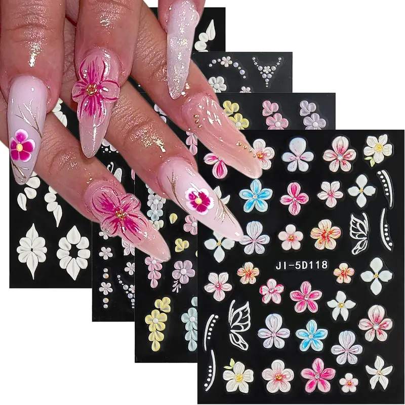 Fcozpjk Flowers Nail Stickers 4 Sheets 5D Embossed Floral Nail Decals Summer Neon Nail Design 3D Acrylic Engraved Hibiscus Flowers Rose Butterfly Stickers for Nail Art Pegatinas Uñas
