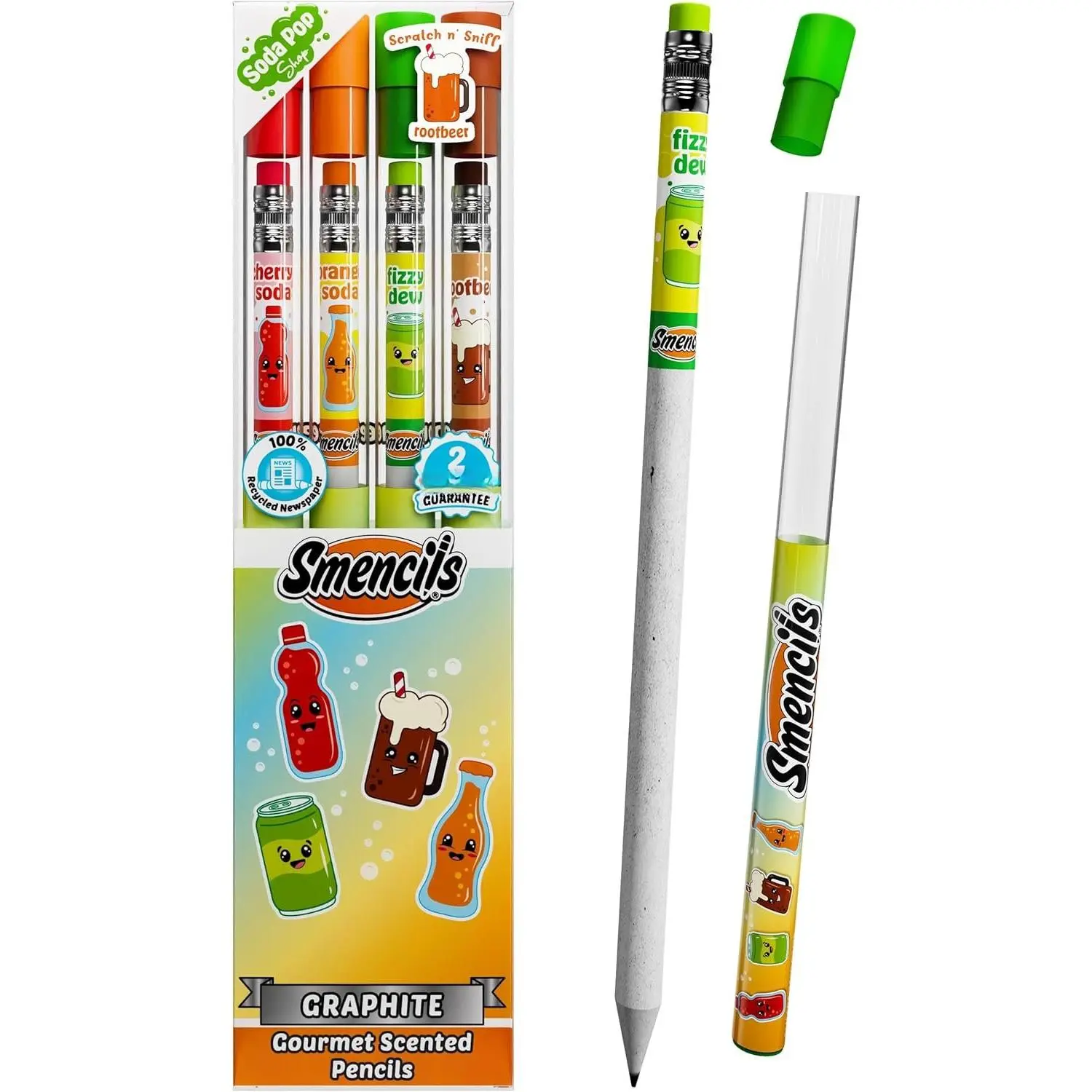 Smencils Soda Pop Shop Scented Pencils - HB #2 Graphite Pencils Made from Recycled Newspapers, 4 Pack, Long-Lasting Gourmet Scents, Fun School Supplies & Gifts for , Teachers, Classroom Rewards