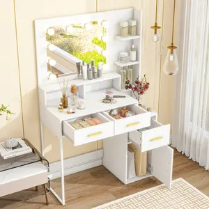 Vanity Desk with Lights and Mirror  ,Makeup Vanity Table with  3 Storage Drawers Shelves &Cabinet Organizer 3 Color Modes Adjustable Dressing Table for Women Girls Bedroom White