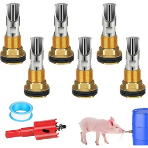 6PCS Pig Waterer Nipple, Automatic Pig Nipple Water Drinker for Barrel Kit, Stainless Steel Hog Water Drinker Feeder with Brass Waterer Tank Connectors Kit for Pig Goats Swine Piglets Drinking