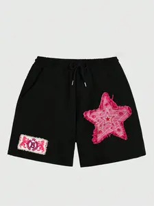 Men's Star Print, Loose Casual Street Comfy Breathable Embroidery Patched Lightweight Printed Shorts, Men's Bottoms for Summer