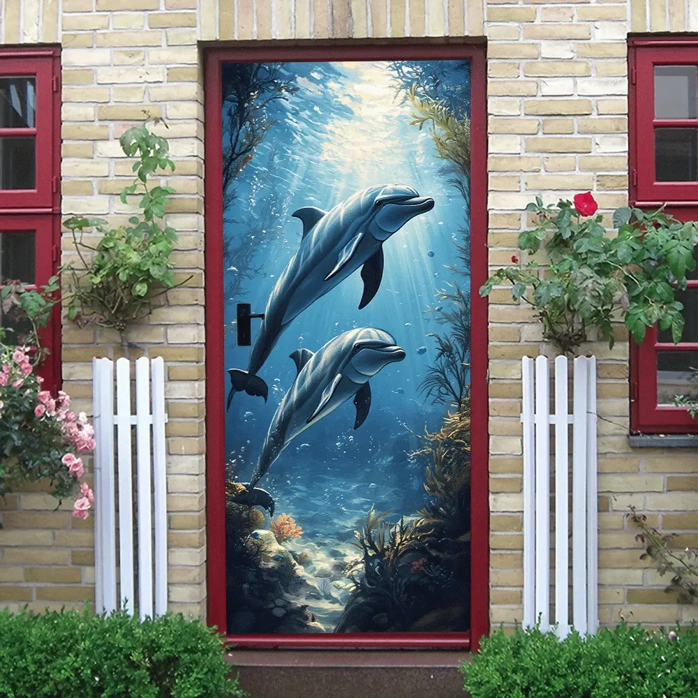 2pcs Deep Sea Dream Dolphin Wall Stickers Stereo Marine Life Decals Kids Room Bedroom Living Room Background Wall Decor Waterproof Self Adhesive Removable Home Decorations Underwater World Theme Wall A