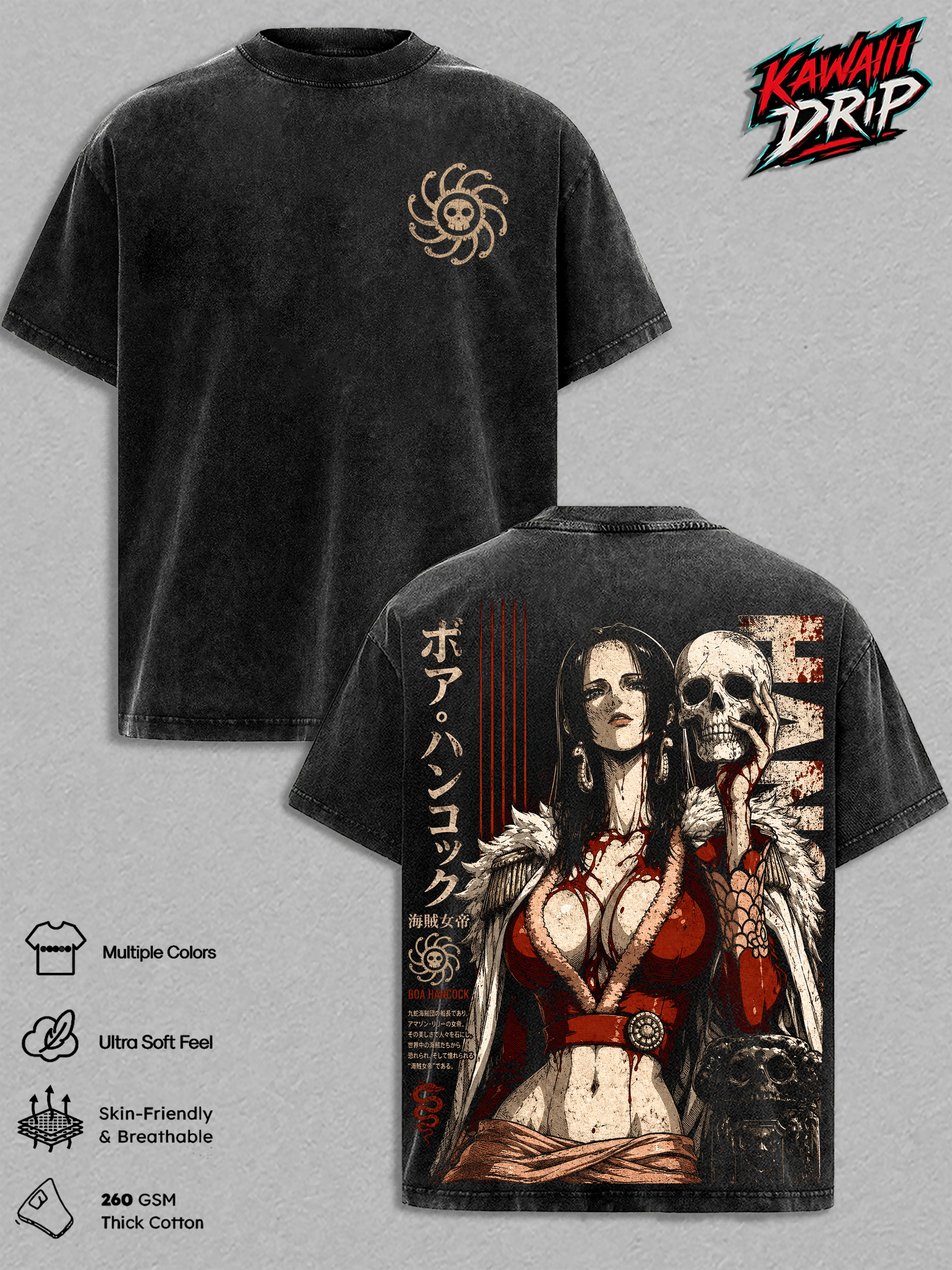 Boa Hancock One Piecee Vintage Washed Anime T-Shirt – Pirate Empress Kuja Pirates Graphic Tee, Retro Manga Streetwear Oversized Heavy Cotton Unisex Shirt, Anime Gift for Men & Women