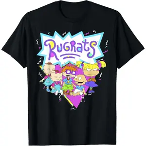 Rugrats Group Shot Retro Geometric Logo T-Shirt Cute Cartoon Animation Movie Unisex Trendy Cotton Breathable Street Style Tee