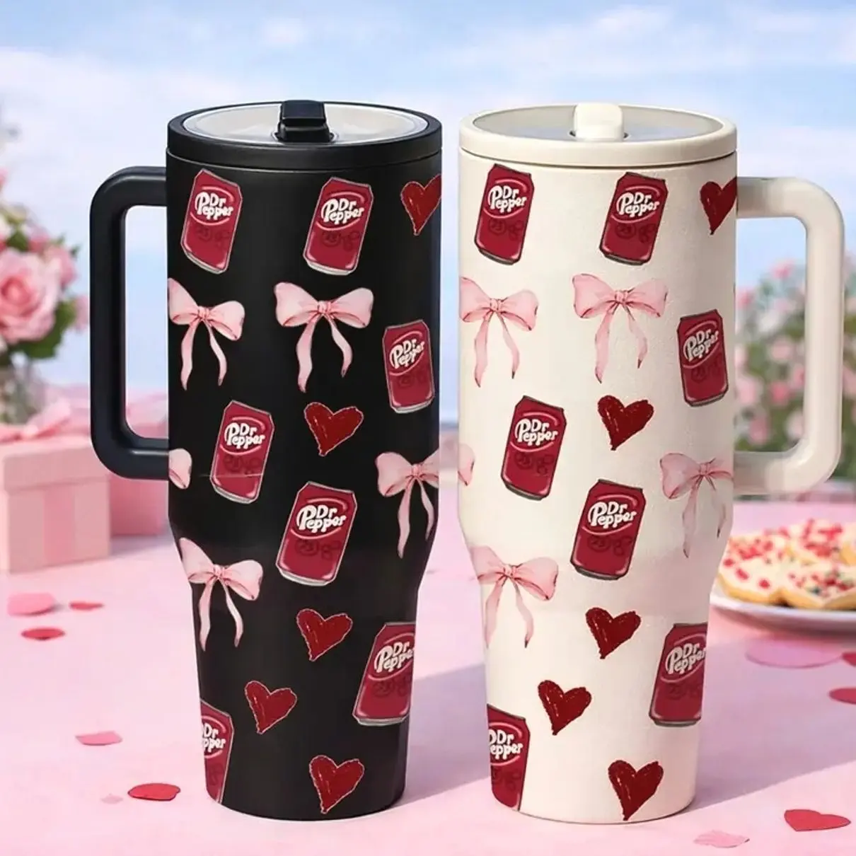 Dr.Pepper Cans & Bows Print, Vacuum Insulated Tumbler, Insulated Drinkware, Double Wall, Leak-Proof, Skinny Design