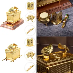 Ark of The Covenant Model, 2 Styles Gold Plated Israel Religious Ark Ornament, Small Alloy Replica with 3 Pieces (Aaron's Rod, Tablets, Manna Pot) for Home & Church Decor