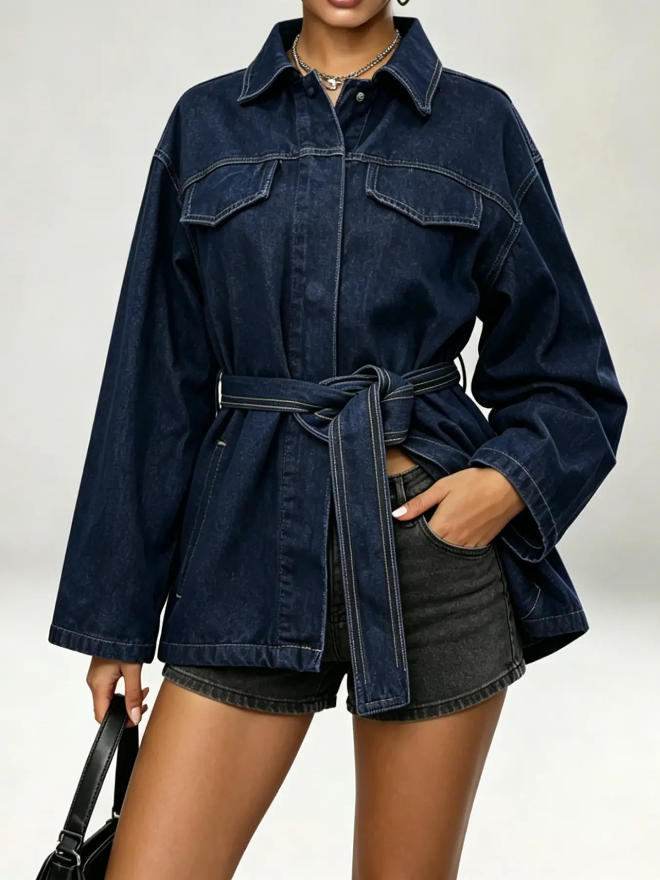 Women’s Dark Blue Dark Wash Lady Denim Jacket with Waist Belt, Oversized Button Down Collared Shirt Coat, Casual Long Sleeve Trucker Jacket with Pockets, Adjustable Waist, Loose Fit, Fashion Streetwear for Daily Wear, Work, Travel, Fall Winter Outerwear
