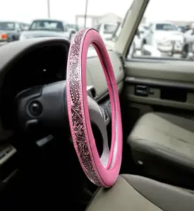 Pink Cowgirl Western Tooled Leather Steering Wheel Cover