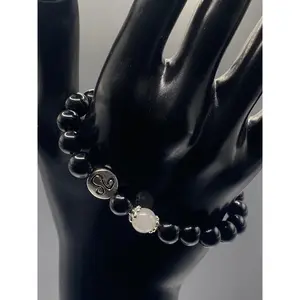 Leo Zodiac black obsidian with white chalcedony elastic beaded bracelet with silver accents