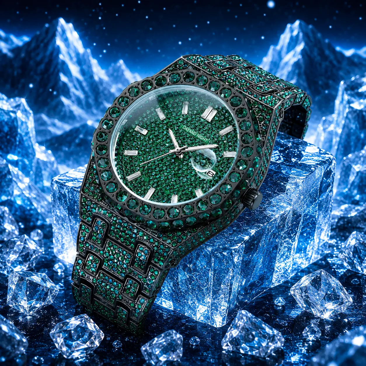 Iced Out Luxury Men's Quartz Watch in Stainless Steel, 42MM Green Dial with Date Display, Water-Friendly Gift, Diamond-Encrusted Luxury Quartz Watches, Easy To Use Quartz Watches business casual wear
