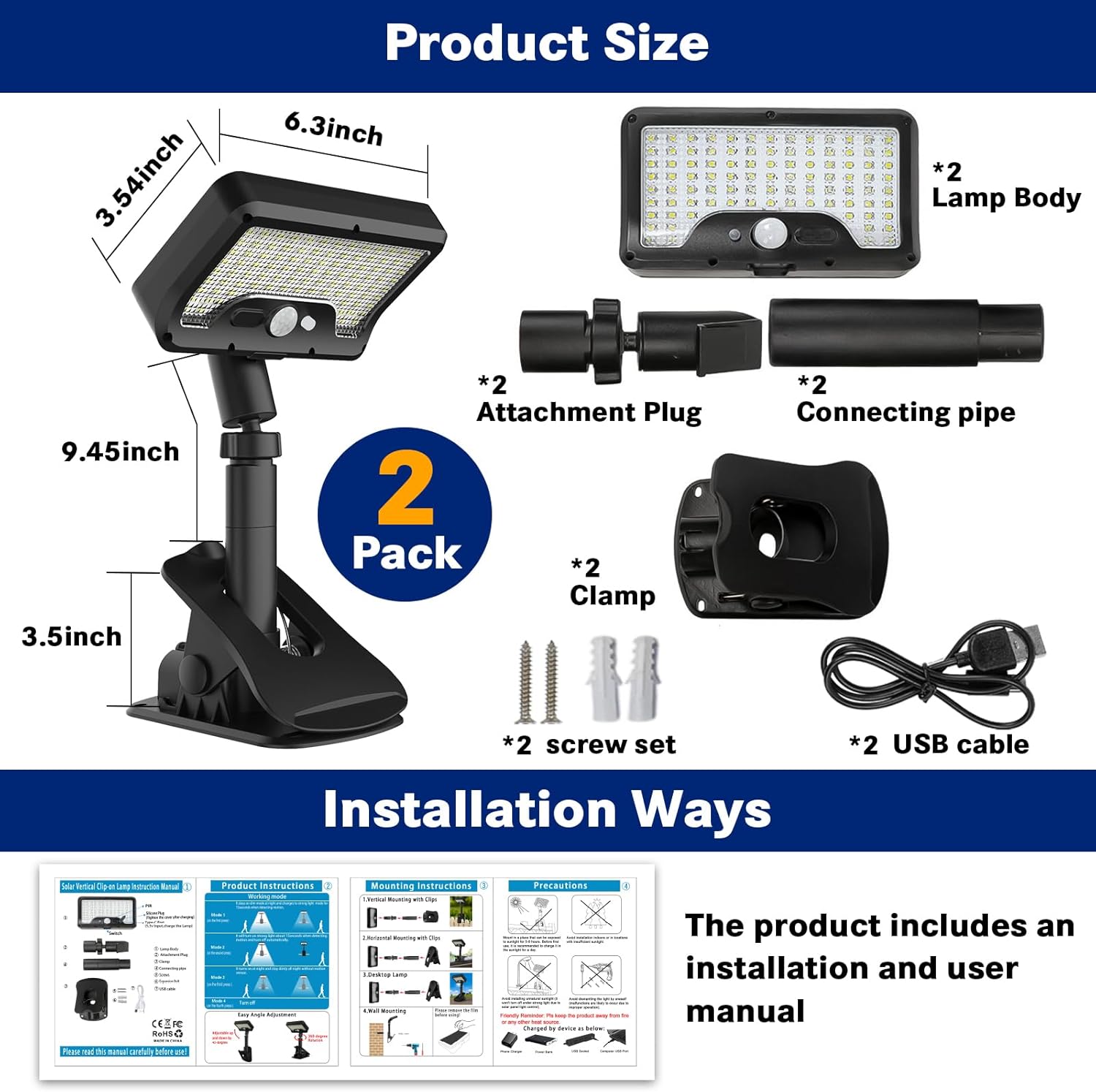 Clamp-on Solar Light with Motion Sensor, 360° Rotatable and Vertically Adjustable Solar Fence Light with 92 LED Lights