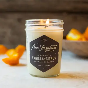 Bee Inspired Vanilla + Citrus Soy Candle - 100% Hand-Poured Soy Wax with Phthalate-Free Fragrance Oil, 6oz Reusable Glass Jar, Vanilla Bean, Orange & Nectarine Scent, Indoor Fragrance Decor - Coconut