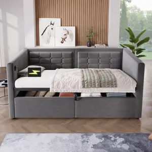 Upholstered Twin Size Daybed, Hydraulic Storage Twin Bed Frame with USB & Type-C Charging, Bed Frame with Wooden Slats and Tufted Sofa (Without Mattress)