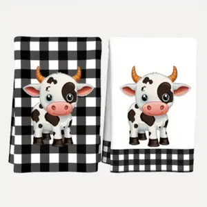 2-Piece & Plaid Cow Kitchen Towels Set, Dishwashing Cloth Hand Towel, Kitchen Decor Gift for Neighbors, Friends, Mom, Birthday