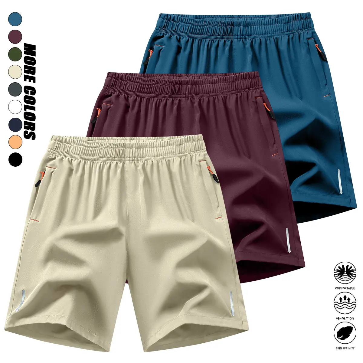 Men’s athletic shorts: 3-pack solid-color shorts with zippered pockets; everyday men’s bottoms—casual, comfortable, breathable summer shorts suitable for soccer, basketball, badminton, running, fitness, ;mens bottoms, summervibes casual quick drying short