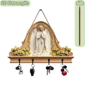 wooden key rack with mary prayer pattern, wall mount design, four hooks, unique home decor, christmas festival gift idea
