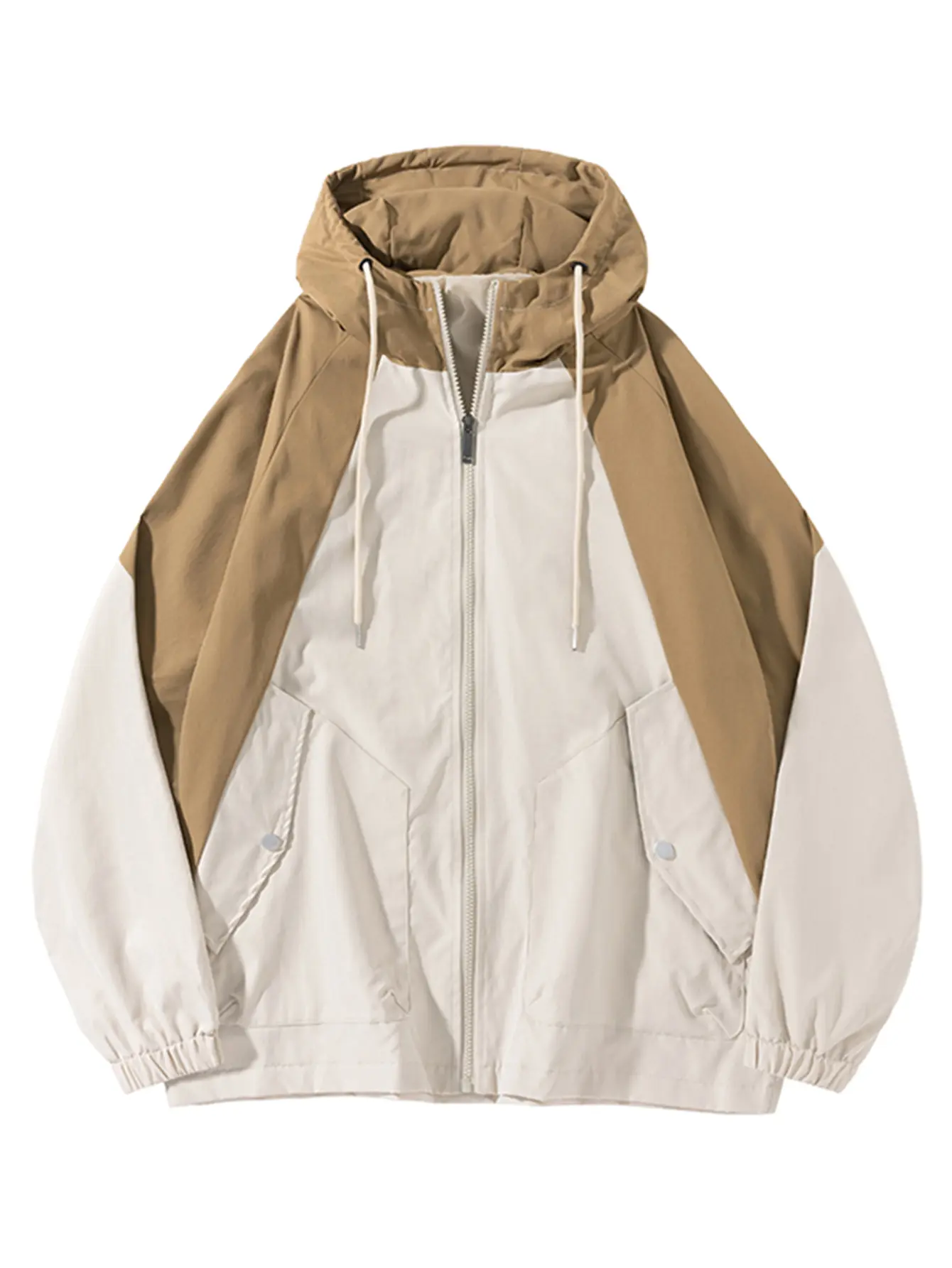 Men’s hooded zip jacket, full-length zipper closure, raglan sleeves with color-block panel inserts, adjustable drawstring hood opening, snap-button 3D patch pockets, elastic cuffs, drop-shoulder loose fit, woven fabric everyday workwear casual outerwear.