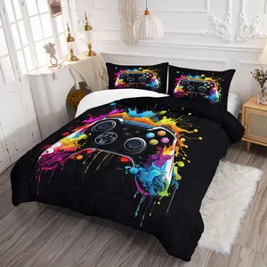 Neon Gaming Controller Comforter Set,Cyberpunk Gamer Bedding Set,1 Comforter & 1-2 Pillowcases,Graffiti Style Game Print Bedding,Trendy E-Sports Print Bedding Set,Ideal for Teens & Gamers Bedroom Decor & Gift