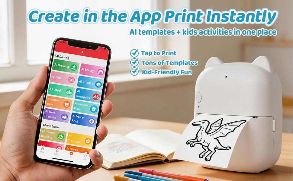 AI Voice Sticker Printer for Kids, Mini Thermal Sticker Maker, Inkless Portable Talk-to-Print Printer for Coloring Pages, Journals, DIY & Gifts