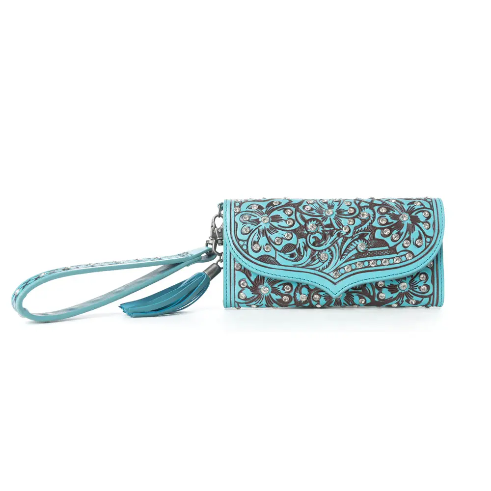 Hand-Tooled Leather Wallet for Women, Western Floral Zipper Clutch with Wristlet Strap, Teal Credit Card Holder Organizer, Card Holder Wallet, Durable Wallet