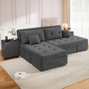 YITAHOME Queen Size Sofa Bed, 5-in-1 Multi-functional Convertible Sleeper Sofa with 2 Storage Cabinet Nightstand & USB Ports, 100" Sectional Sofa Couch with 2 Comfy Pillows for Living Room Apartment, Grey