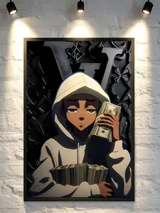 The Boondocks Riley Freeman Money Stack Canvas Poster  Hood Anime Character Holding Cash, Black & White Aesthetic Wall Art for Hip Hop Fans