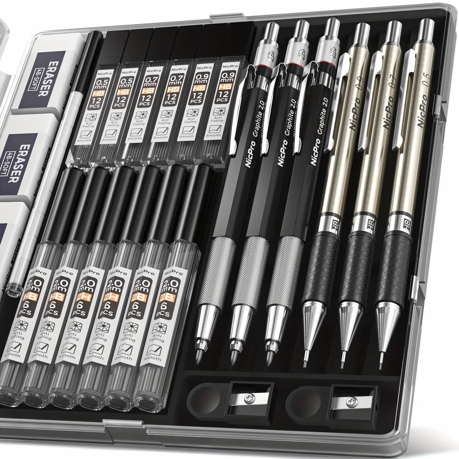 6PCS Mechanical Pencil Set, Metal Drafting Pencil 0.5, 0.7, 0.9mm & 2mm Lead Holder(2B HB 2H) with 12 Tube Lead Refills Case-School Supplies