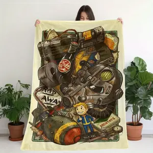 Fallout Themed Printed Flannel Blanket with Retro Game Design, Soft Lightweight Durable Throw for Sofa, Bed, Office & Outdoor Use, Cozy Bedroom Chair Decor, Halloween Decoration, Perfect Gift for Retro Gaming Fans