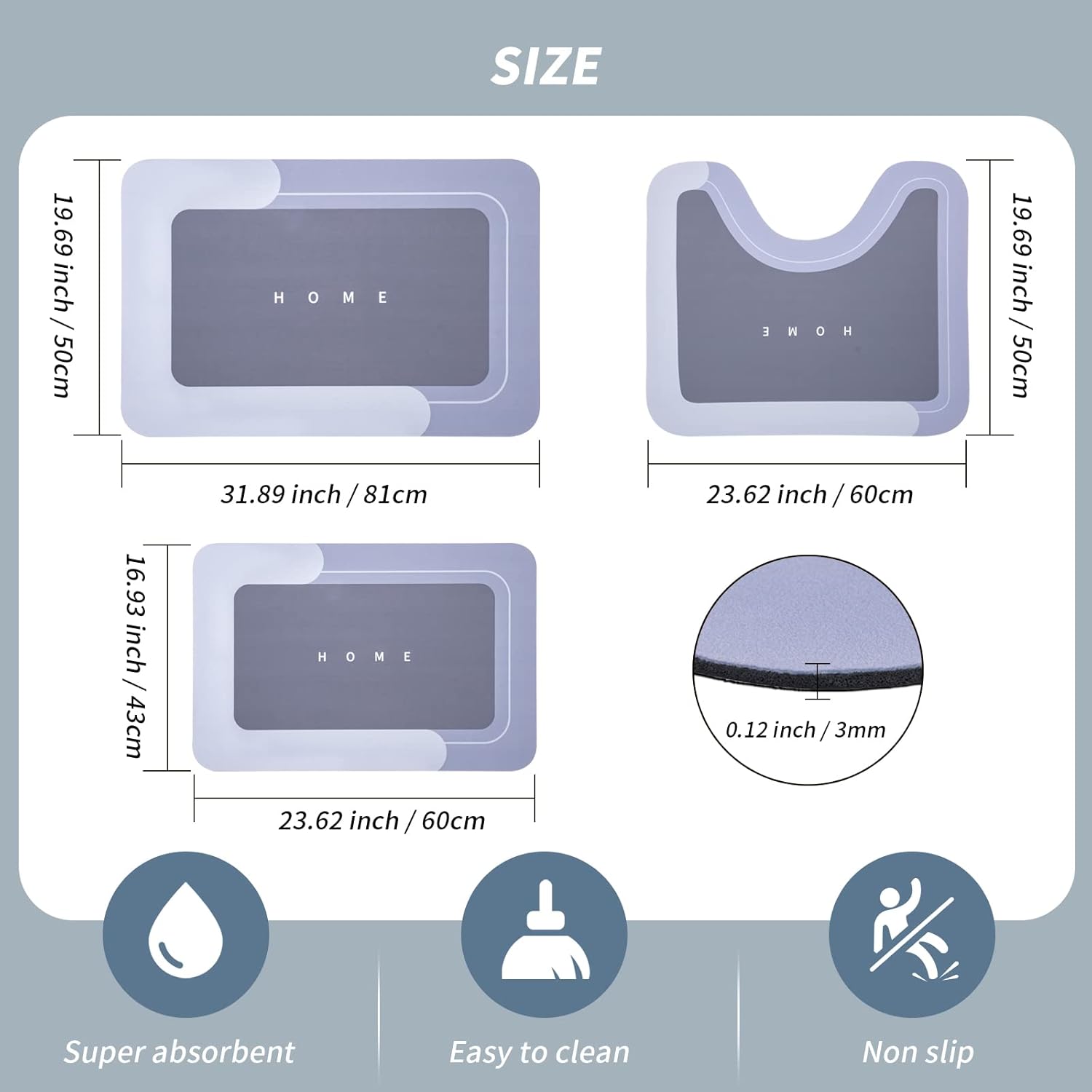 Luxury Minimalist 3 Piece Bathroom Rugs Ultra Absorbent Fast Drying Non Slip U Shaped Toilet Mat Set for Shower Tub Home Letter Accent Super Absorbent Diatomite Mat Soft Comfortable Rubber Back Easy to Clean