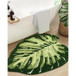 Leaf Bathroom Rugs Monstera, 23.5x31.5 Tropical Plant Shaped Bath Mat Green, Washable Shower Floor Bathmat Toilet Carpet Non Slip