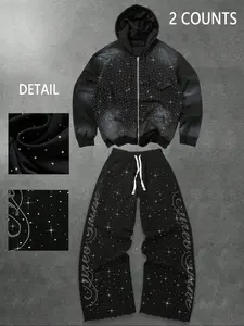 Sparkling Rhinestone Hoodie Set, Autumn Winter Zip-Up Sweatshirt & Pants Combo, Sporty Style, Comfortable Daily Wear