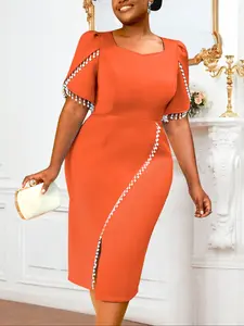 Am041040 African Plus Size Elegance Women's Dress Fit, Charming Square Neck with Pearl Accent, Side Slit for Stylish Look Womenswear Piece
