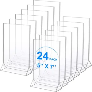 24 Pack  Sign Holder, Plastic Clear Table Display Holder Double Sided Menu Display Stands T Shaped Card Picture Frames for Office, Weddings, Meetings, Hotels (5 x 7 Inches)