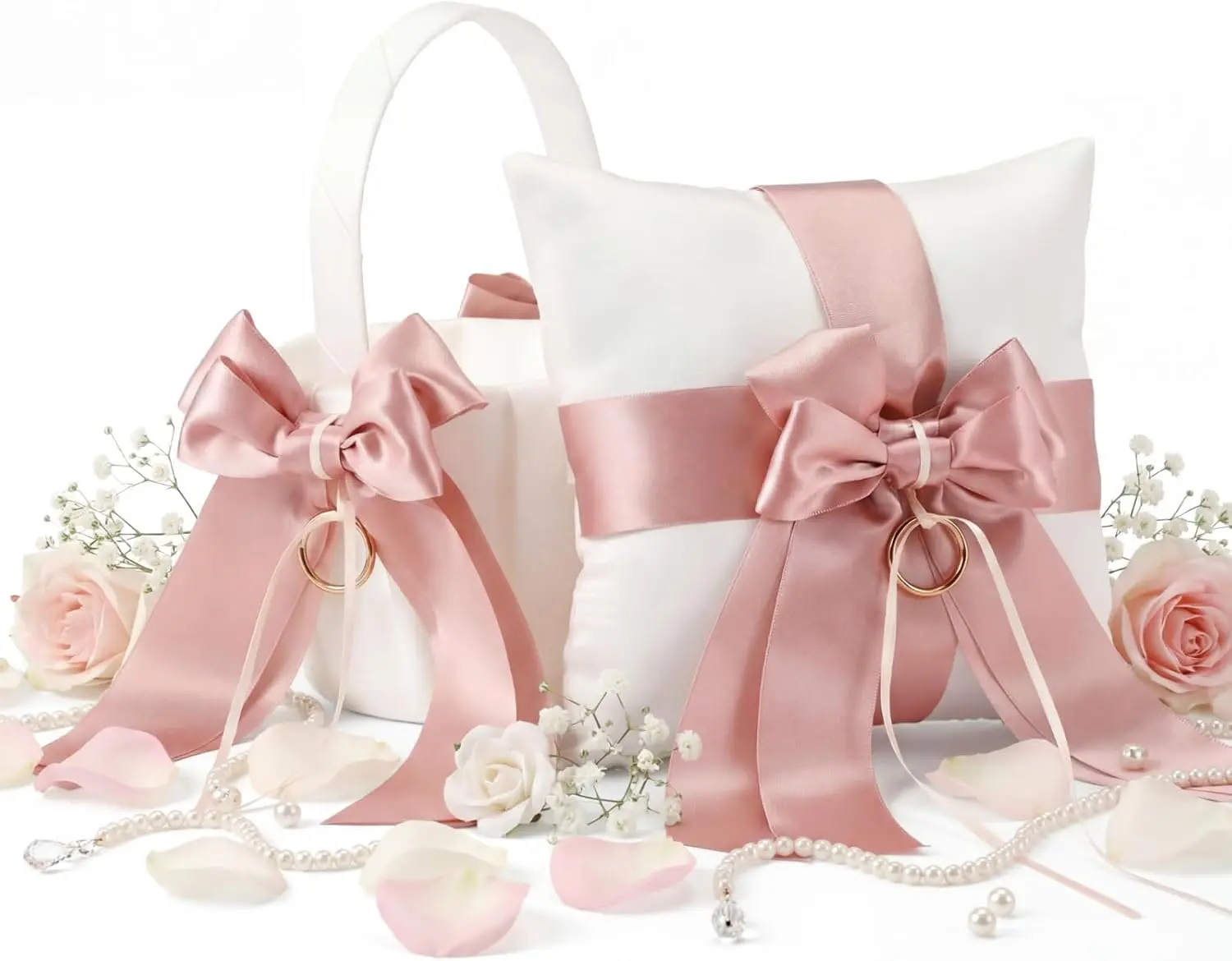 Elegant Flower Girl Basket & Ring Bearer Pillow Set – Pink Satin Bow Wedding Ceremony Decor, Ivory Ring Cushion for Wedding Party & Aisle Walk