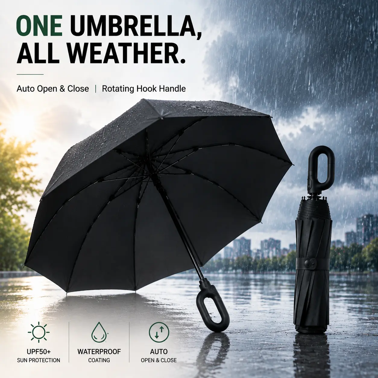 Handheld Sun & Rain Umbrella - Auto Open-Close, UV Protection, Waterproof, Windproof, Lightweight, Comfortable Loop Handle for Easy Grip and Secure Hold, Handheld Umbrella