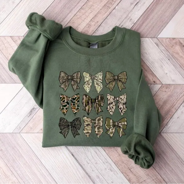 Camo Bow Sweatshirt, Coquette Camo shirt, Duck Hunting Top, Hunting Lover Gift, Women's Outdoor Fall Outfit