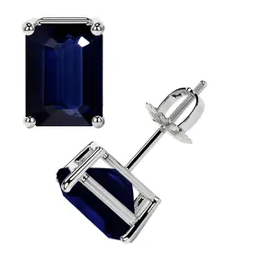 Classic Four Prong Emerald Cut Blue Sapphire Stud Earrings (3.50cttw)- EBS003-8X6-AA