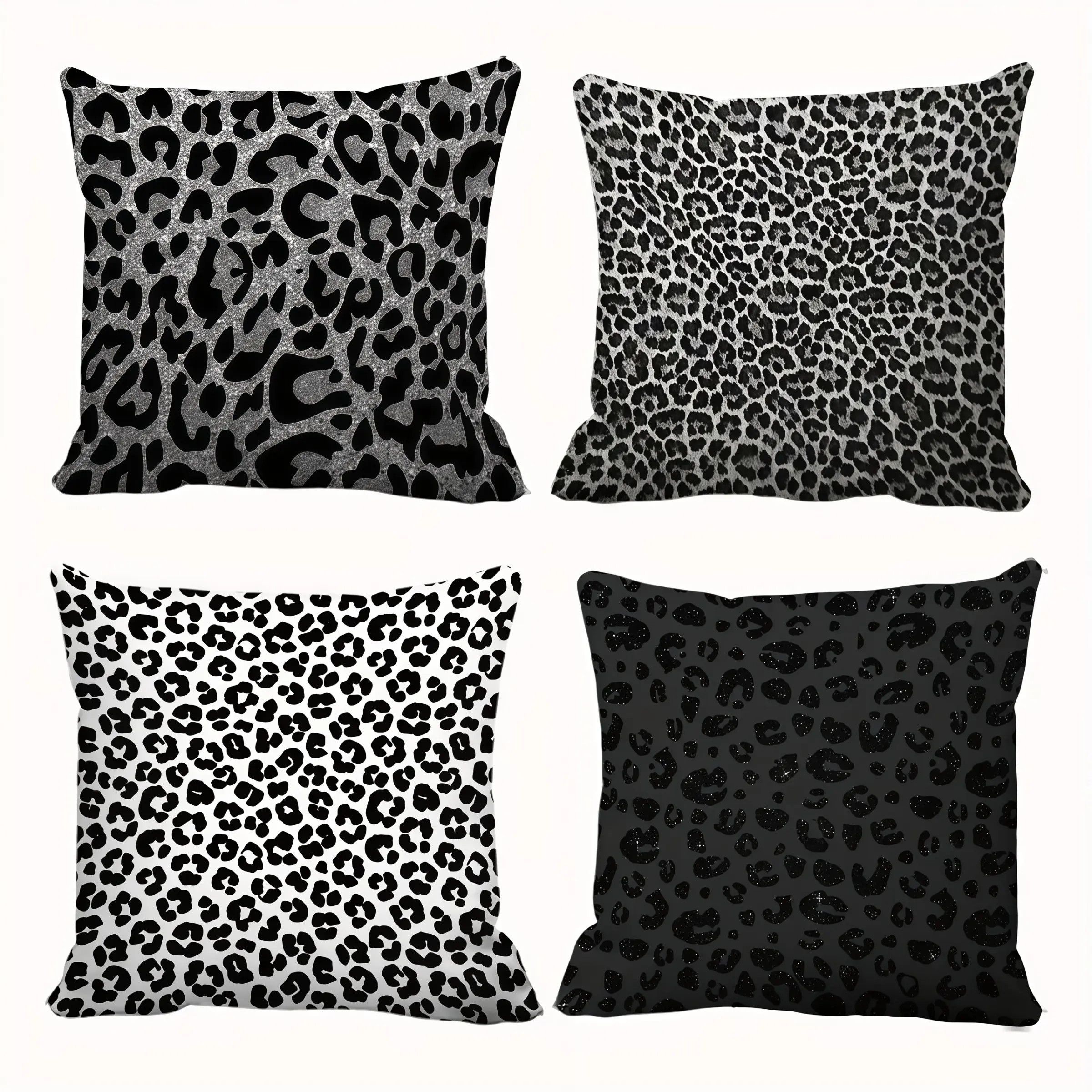 4pcs-Wild Gray Leopard Themed Throw Pillow Covers, Leopard Pattern Design, Home Décor Products, Suitable Living Room, Bedroom, Sofa and Bed Decoration, 2D Flat, Single Sided Printing, No Pillow Core