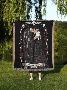 Gothic Wedding Blanket Cotton Anniversary Gift Couple Names Woven Throw Bedspread Black Klimt Kiss Aesthetic Housewarming Gift Newlyweds